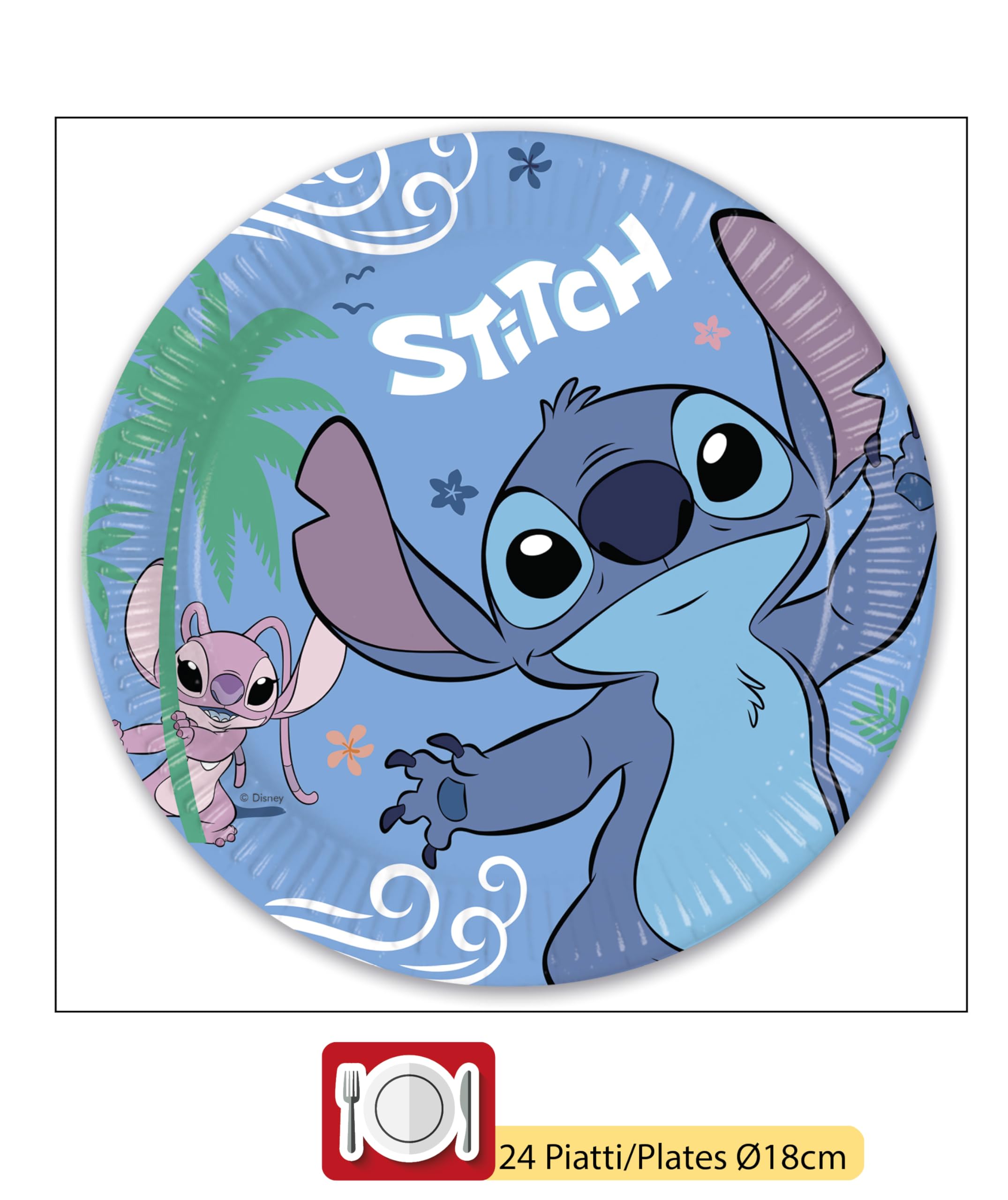 Ciao-Kit Party Tavola Disney Stitch & Angel per 24 persone (88 pezzi: 24 piatti Ø23cm, 24 bicchieri 200ml, 40 tovaglioli 33x33cm) in carta FSC