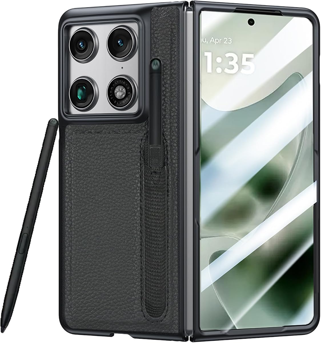 Funda plegable de cuero para Motorola Razr con soporte para bolígrafo, protector de pantalla incorporado y ranura para Moto Pen Ultra, cubierta de parachoques resistente de cuero de lujo, protección antideslizante y resistente (negro)