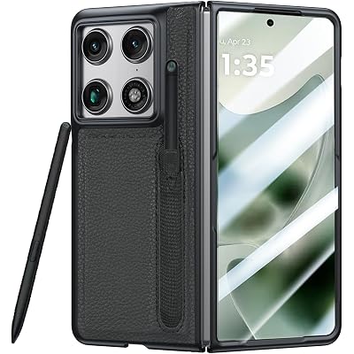 for Motorola Razr Fold Case Leather with Pen Holder, Built-in Screen Protector & Moto Pen Ultra Slot, Luxury Leather Slim Fit Rugged Bumper Cover Anti-Slip Heavy Duty Protection (Black)
