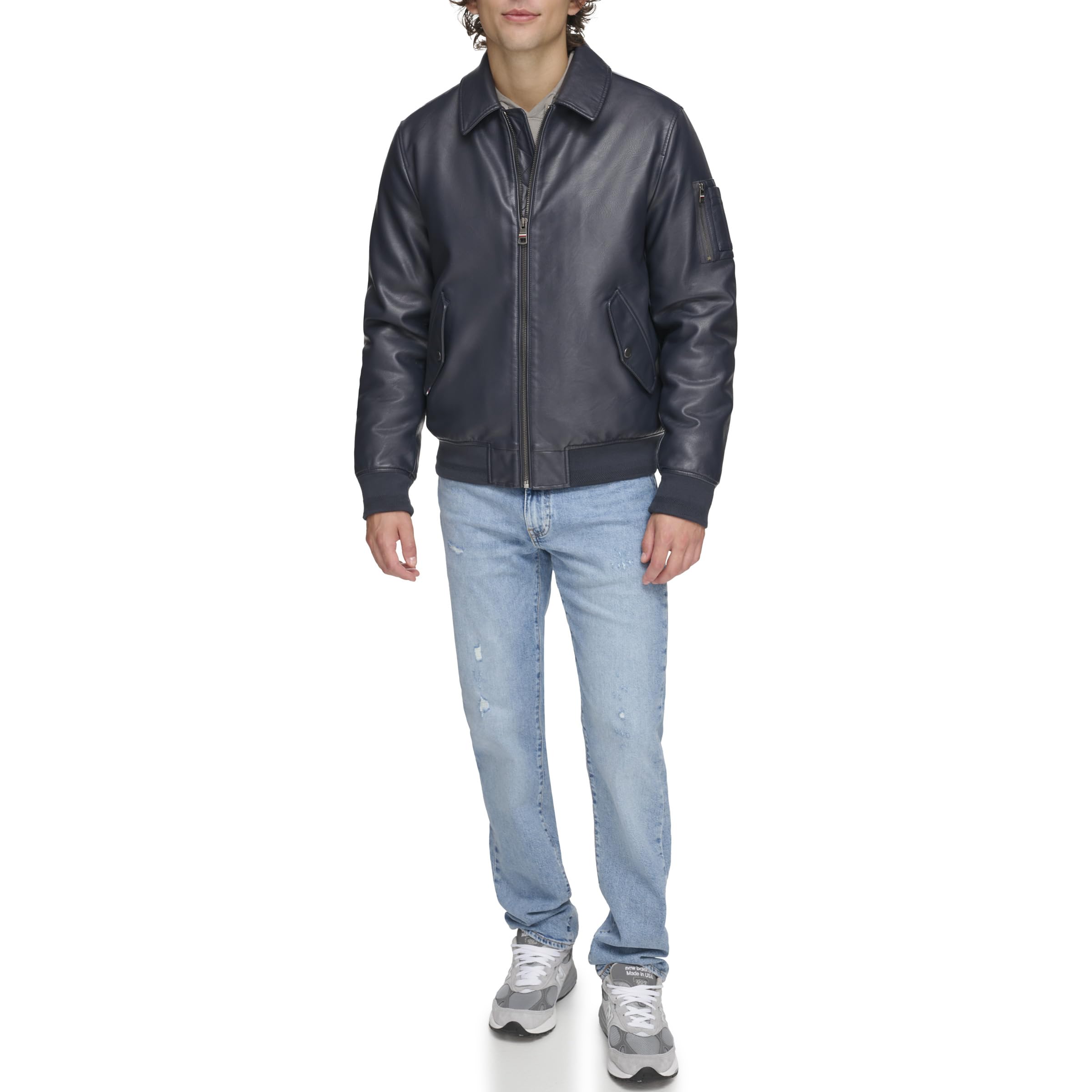Tommy Hilfiger Herren-Bomberjacke aus Kunstleder, Marineblauer Laydown-Kragen, XXL – Ansicht 2
