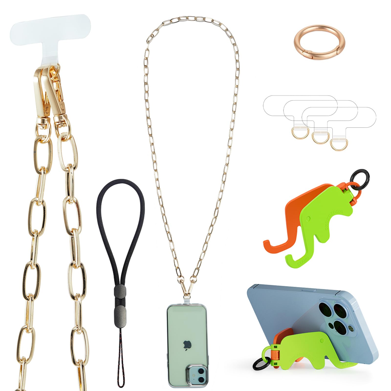Crossbody Phone Strap Detachable Cell Phones Lanyard Chain Shoulder Neck with Wrist Strap Charm Finger Grip 3 Patches Tether Stand Holder Anti Theft