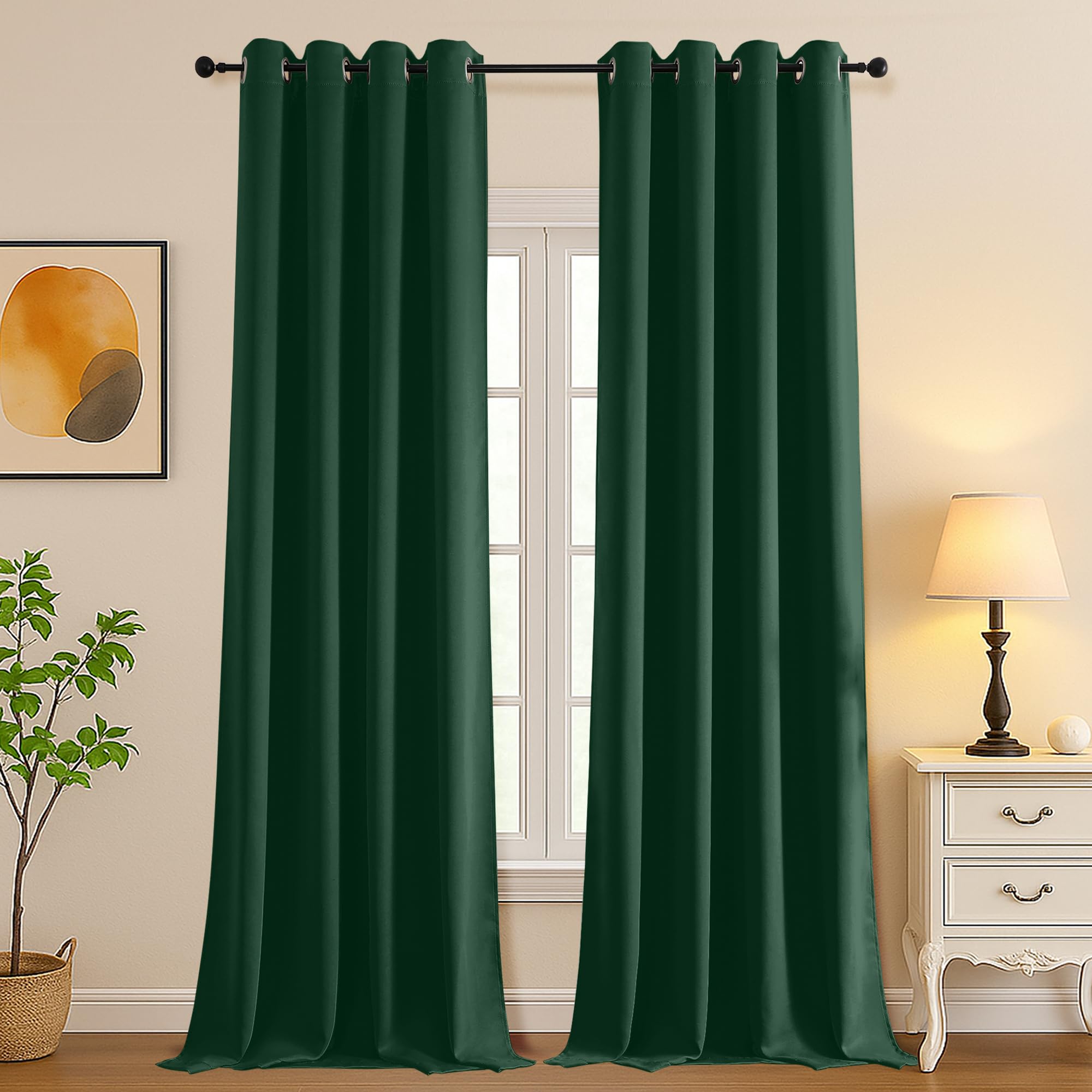 Simplebrand Ever Green Room Darkening Curtains for Bedroom Living Room 108 Inches Long 2 Panels Set, Thermal Insulated Curtains &amp; Drapes, Solid Grommet Noise Reducing Window Treatment, W50 x L108 Inch