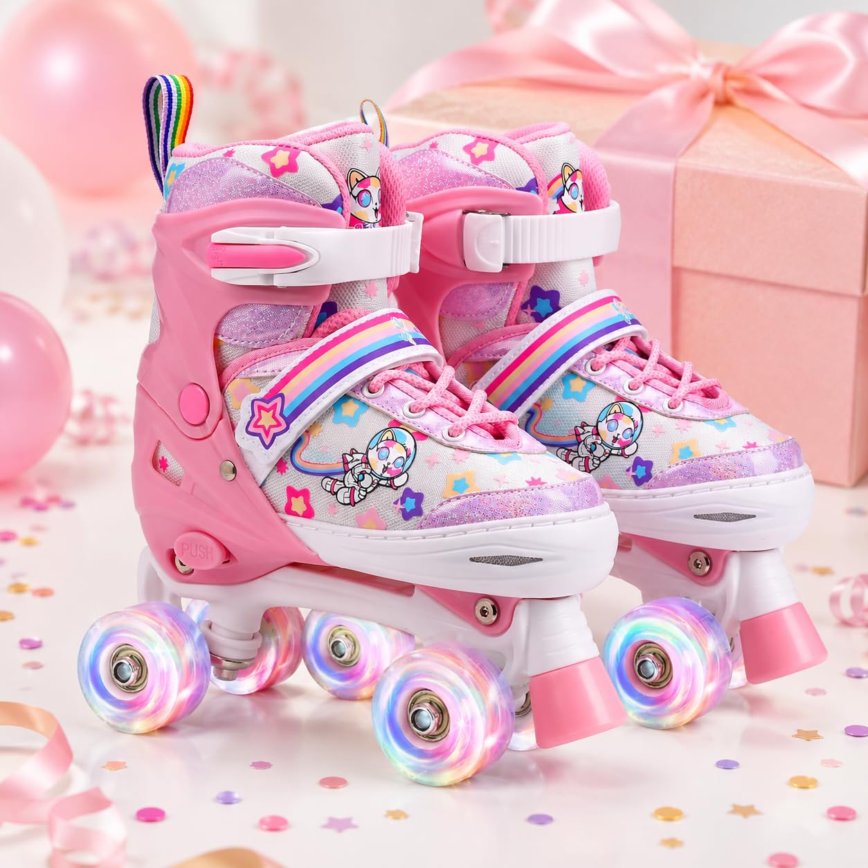 Roller Enfant Fille Patin a Roulette Fille Rollers Quad avec 8 Roues Lumineuses,4 Taille Réglable Patins à roulettes Confortables pour Les Filles et Les garçons et débutants