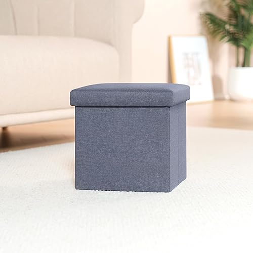 Miniatura 7 de B FSOBEIIALEO Cubo otomano de almacenamiento, asiento de pie pequeño de lino, para sala de estar, dormitorio, oficina en casa, reposapiés de Azul