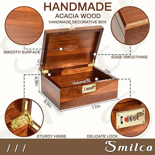 Miniatura 2 de Smilco Caja de almacenamiento de madera con tapa con bisagras, madera de acacia, hecha a mano, caja de madera para recetas decorativas o como