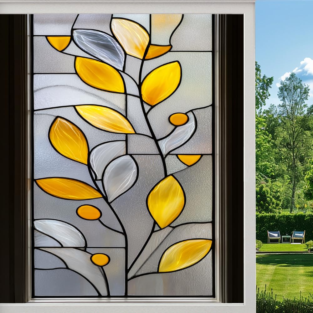 Pmlbaous Abstract Plants Frosted Window Film, Golden Leaves Natural Stained Glass Privacy Film, Heat Insulation Self-Adhesive Vinyl For Bathroom Office, （80X120cm）