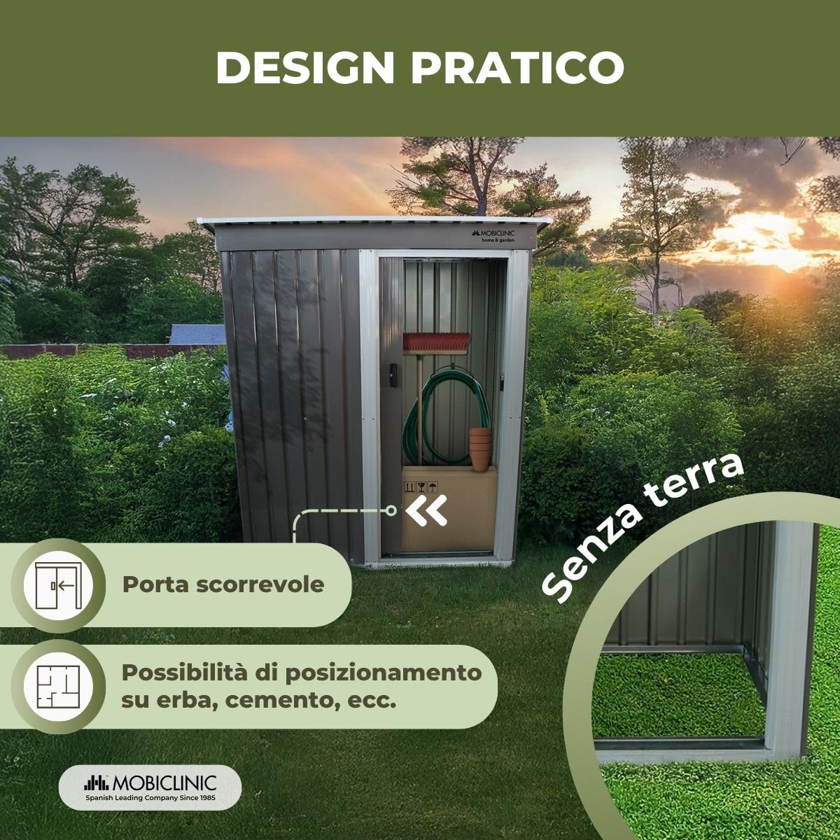 Mobiclinic®, Casetta da Giardino, Con Porta Scorrevole, 150 x 75 x 181 cm, Armadio da Esterno, Lucchettabile, Nomi, Tetto spiovente, 1.4 m², Custodia Sicura, Resistente, Grigio