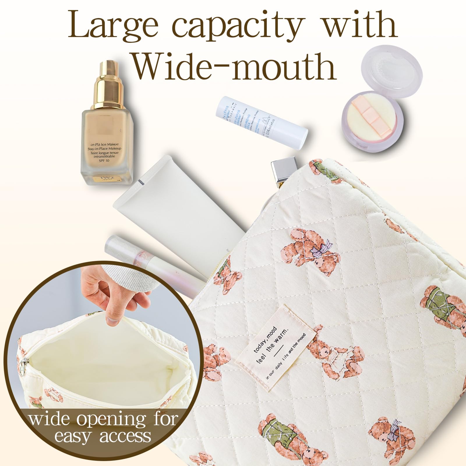 YRWE 3Pcs Quilted Makeup Bag Set, Cute Floral Cotton Cosmetic Bag, Coquette Bow Make up Bag Large Travel Toiletry Bag - Image 3
