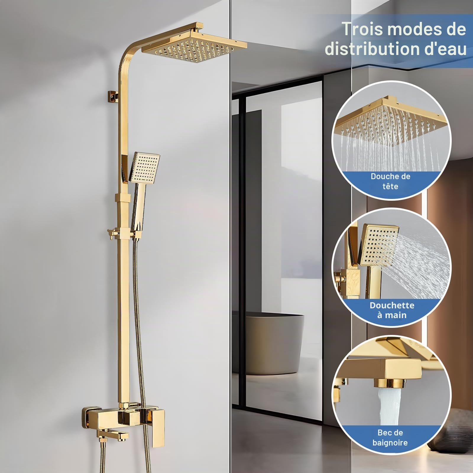 Ensemble de douche avec système de rangement à 3 fonctions - douche à effet pluie, douchette et mélangeur - doré