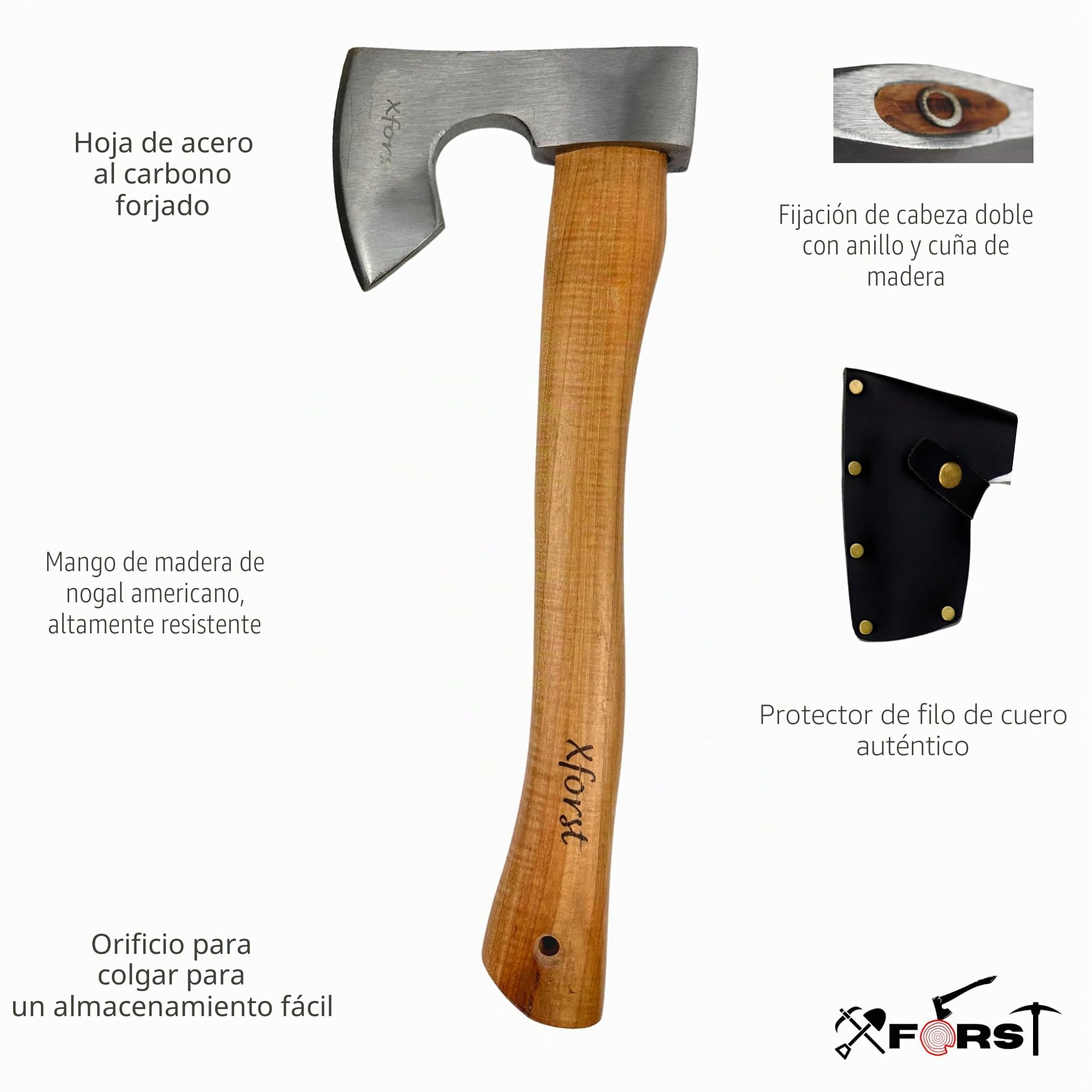 Xforst Hacha Vikinga X-H6 – Hacha de Bushcraft 38 cm | Cabeza Forjada en Acero al Carbono | Mango de Madera de Nogal Americano (Hickory) | Funda de Cuero Auténtico | Beil Bushcraft 0,86 kg