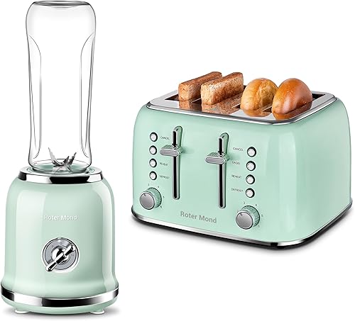 Roter Mond Tostadora de 4 rebanadas + licuadora personal, tostadora retro de acero inoxidable, potente licuadora de batidos, verde