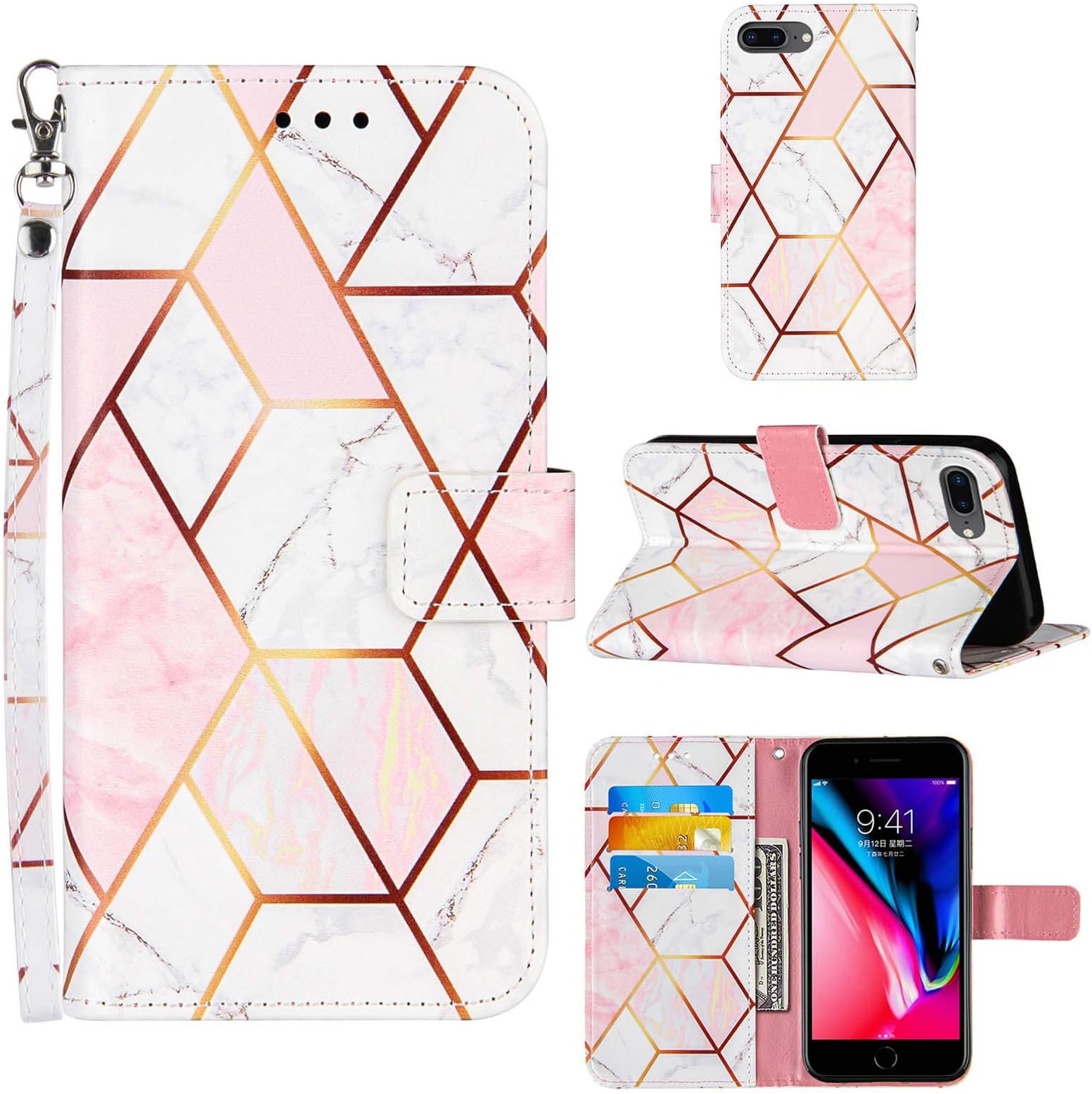 Compatible for iPhone 8 Plus Wallet Case,iPhone 7 Plus Case Women,iPhone 6/6S Plus Case,[Wrist Strap][Credit Cards Slots] 2021 New Marble Pattern PU Leather Stand Flip Cover (Pink/White, 5.5 inch)