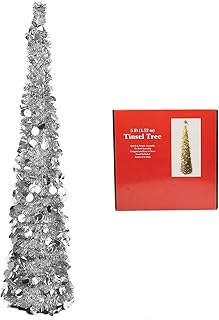 5ft Collapsible Artificial Christmas Tree, Pop Up Silver Tinsel Coastal Christmas Tree for Holiday Carnival Party Home Office Fireplace Decorations