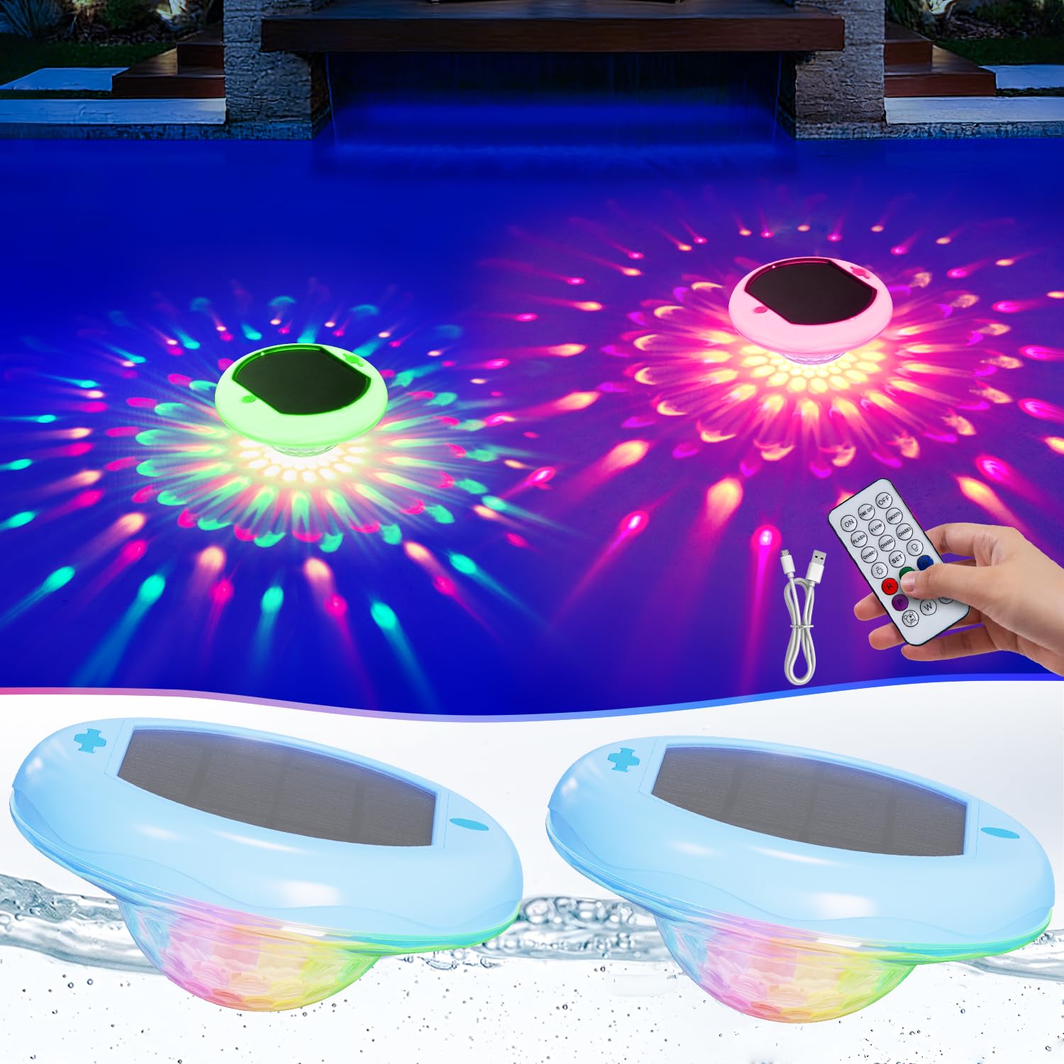 Floating Solar Pool Lights, 2 Pack, 6.7 Inch, 13 RGB Colors