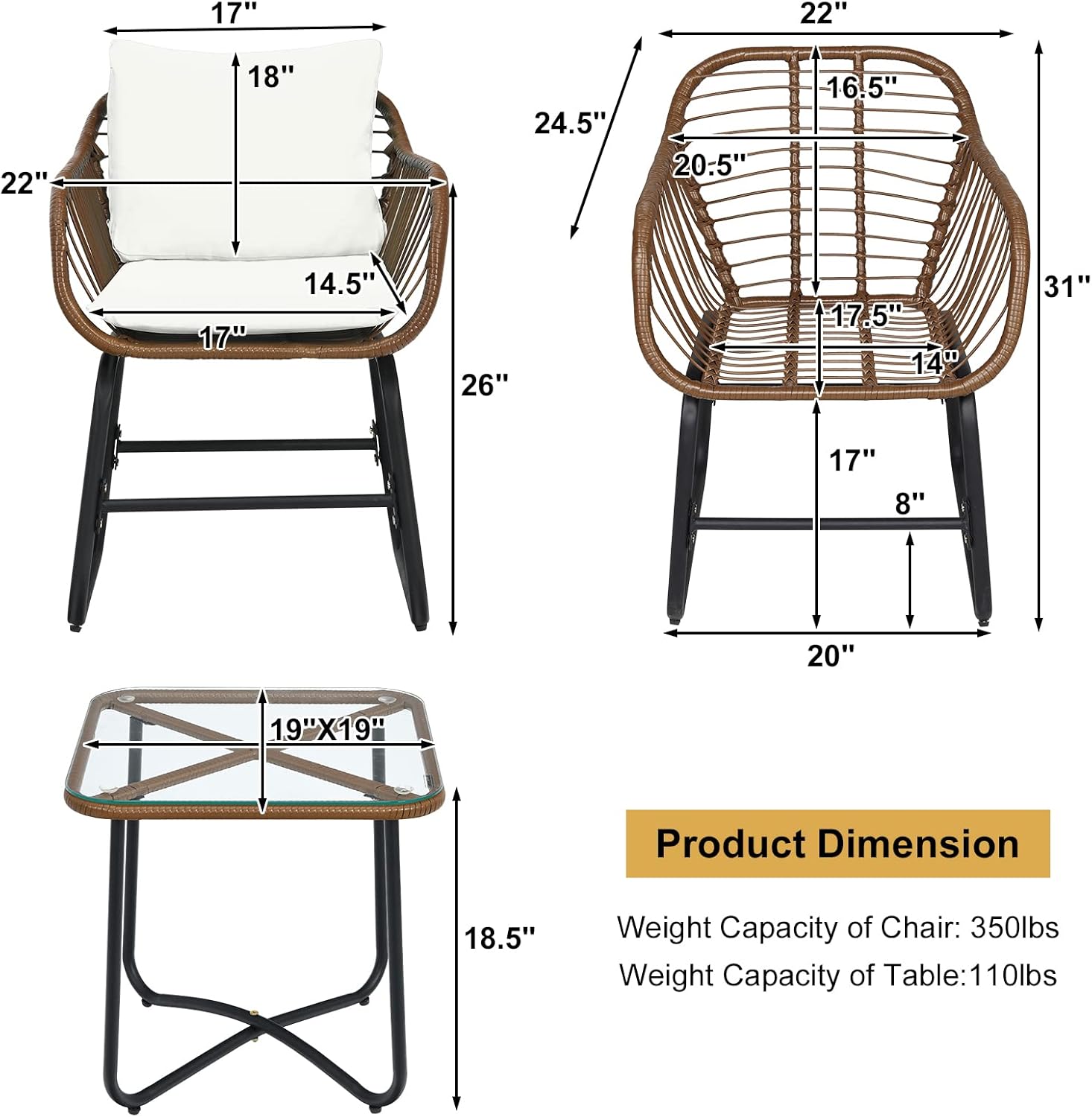Tangkula 3 Pieces Patio Bistro Set, Patiojoy Outdoor PE Rattan Armchairs and Coffee Table Set with Comfortable Cushions & Adjustable Foot Pads, Suitable for Garden Backyard Poolside (White)