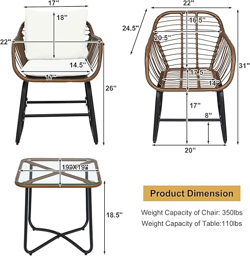 Miniatura 2 de COSTWAY 3PCS Patio Rattan Bistro Set Silla acolchada Mesa de vidrio Cubierta Blanco