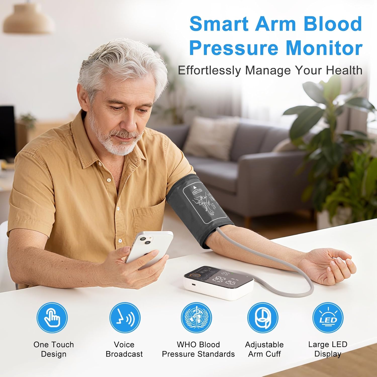 Blood Pressure Monitor Upper Arm - Bluetooth iOS & Android Compatible One-Button Operation Voice Broadcast Large LED Display Backlit 2x120 Memory Adjustable Cuff 8.7"-16.5" with Storage Bag Black - Image 2