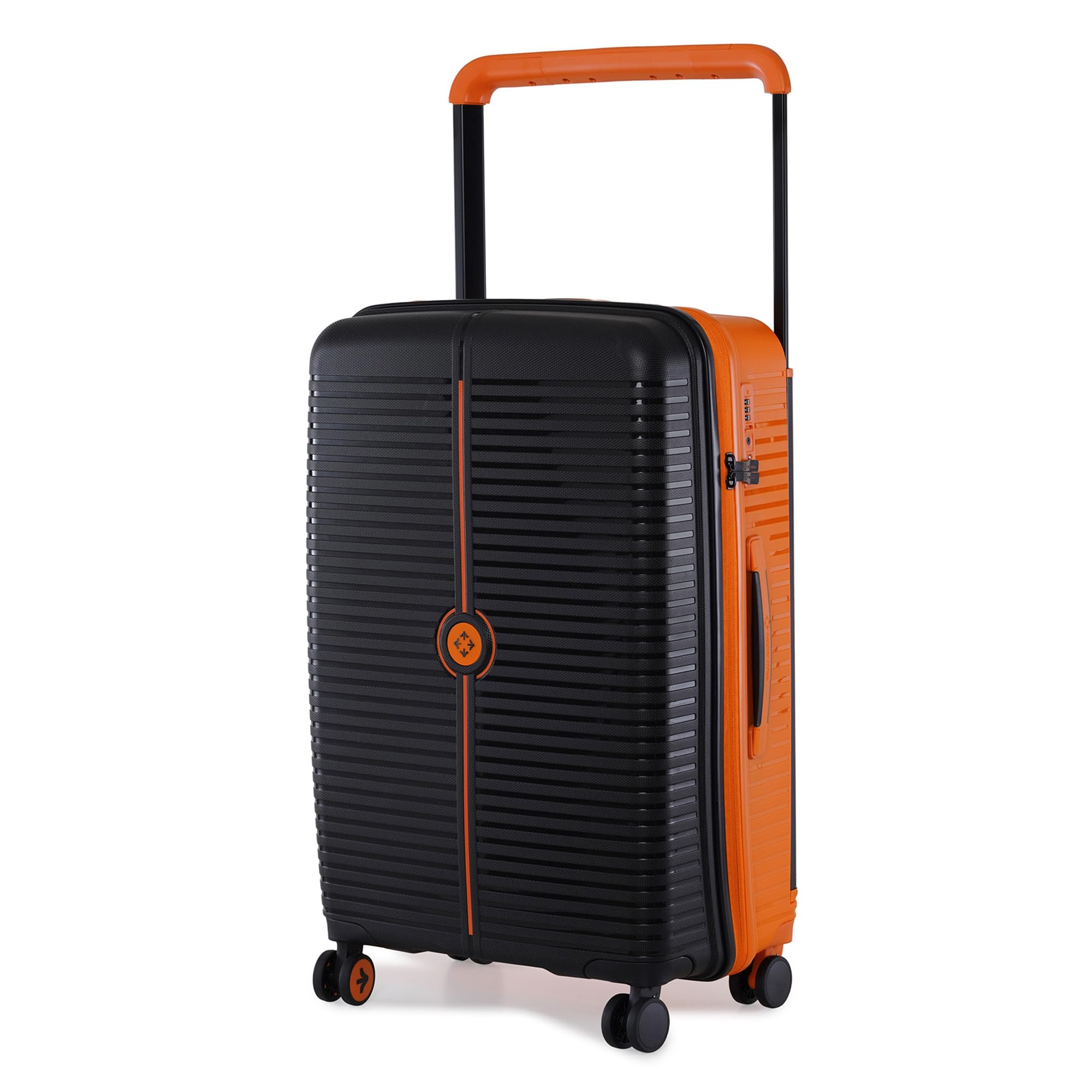Dubai TSA Lock Hard-Sided Polypropylene Wide Telescopic Handle 8 Wheels Double Spinner Check-in Luggage Black Orange 24 inch |65cm Trolley Bag|Medium Check-in Luggage