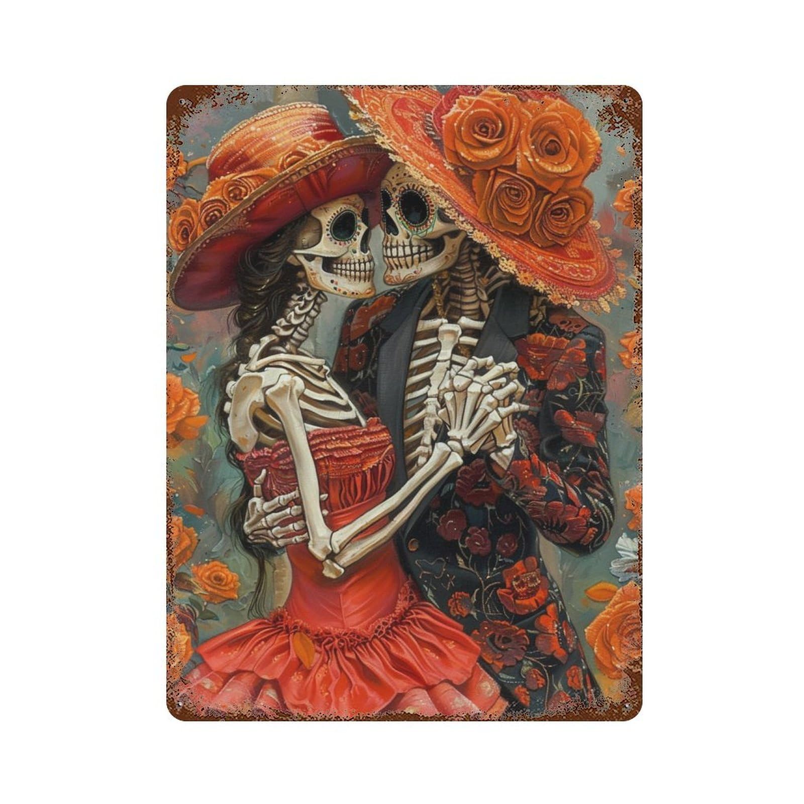 Day of The Dead Skeleton Couple Retro Metal Sign 15.7"x11.8", Decorative Metal Wall Art for Garage, Bar And Workshop Decor