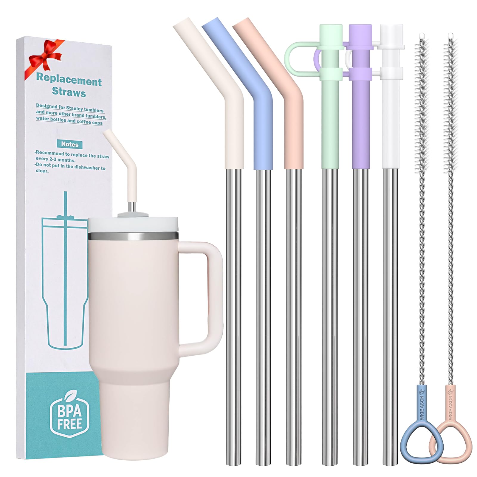 WK ieason 6pcs Reusable Straws for Stanley 40 oz Cup and Tumbler, 12 Inch Long Stainless Steel Replacement Straws with Silicone Tips, Straw Cover and