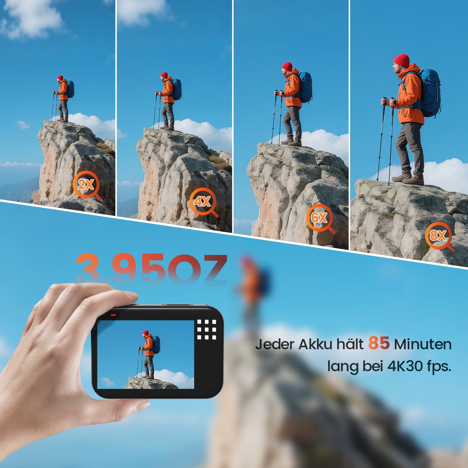 4K 60FPS 48MP Action Cam, 50FT Unterwasserkamera mit Touchscreen, wasserdichte Kamera, EIS Stabilisierung Helmkamera mit 64GB Karte, 8X Zoom 170°Weitwinkel WiFi Action Kamera Akku (64GB)
