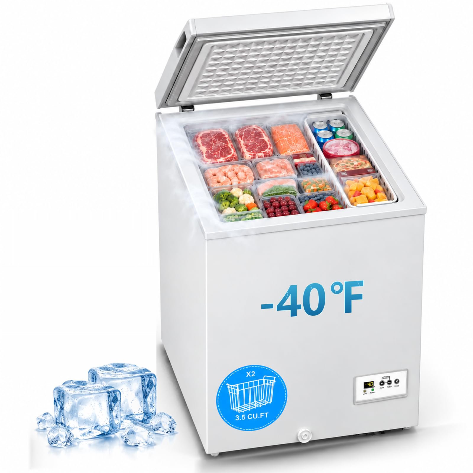 COWSAR 3.5 Cu.Ft Chest Freezer, 14℉ to -40℉ Ultra-Low Temperature Deep Freezer with 2 Removable Stainless Steel Baskets, Electronic Control, 7 Level Adjustable Thermostat