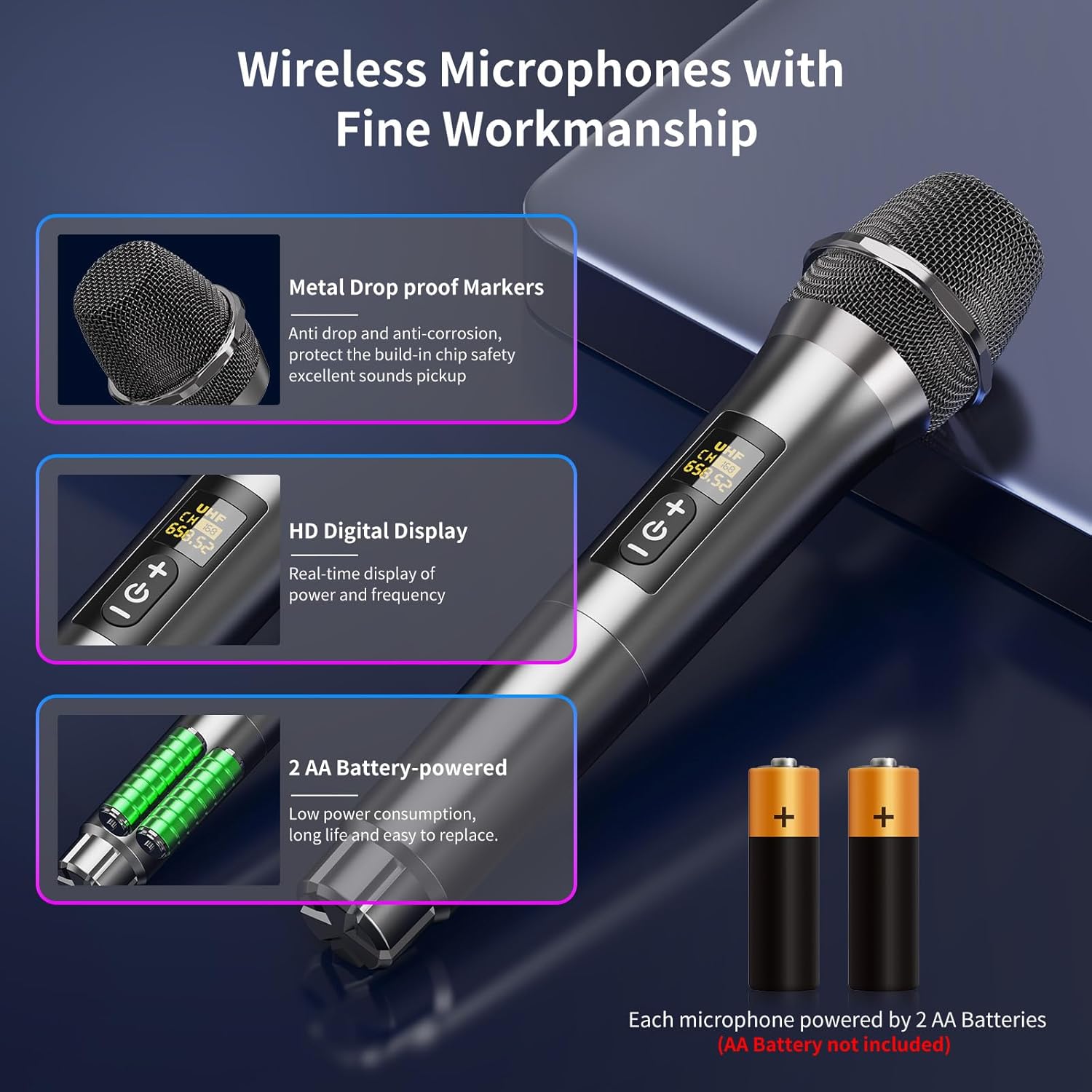 Karaoke Microphone Wireless Mic, Universal Professional UHF Dynamic Mic System with Receiver, Handheld Cordless Microphones for Singing,Wedding, DJ, Party, Speech, Church, Plug and Play - Image 3