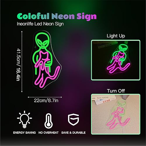 Miniatura 3 de Ineonlife Letrero de neón de gato de alienígena, divertido gato verde y rosa, letreros de neón para hombres, cueva, luz LED, decoración de pared,