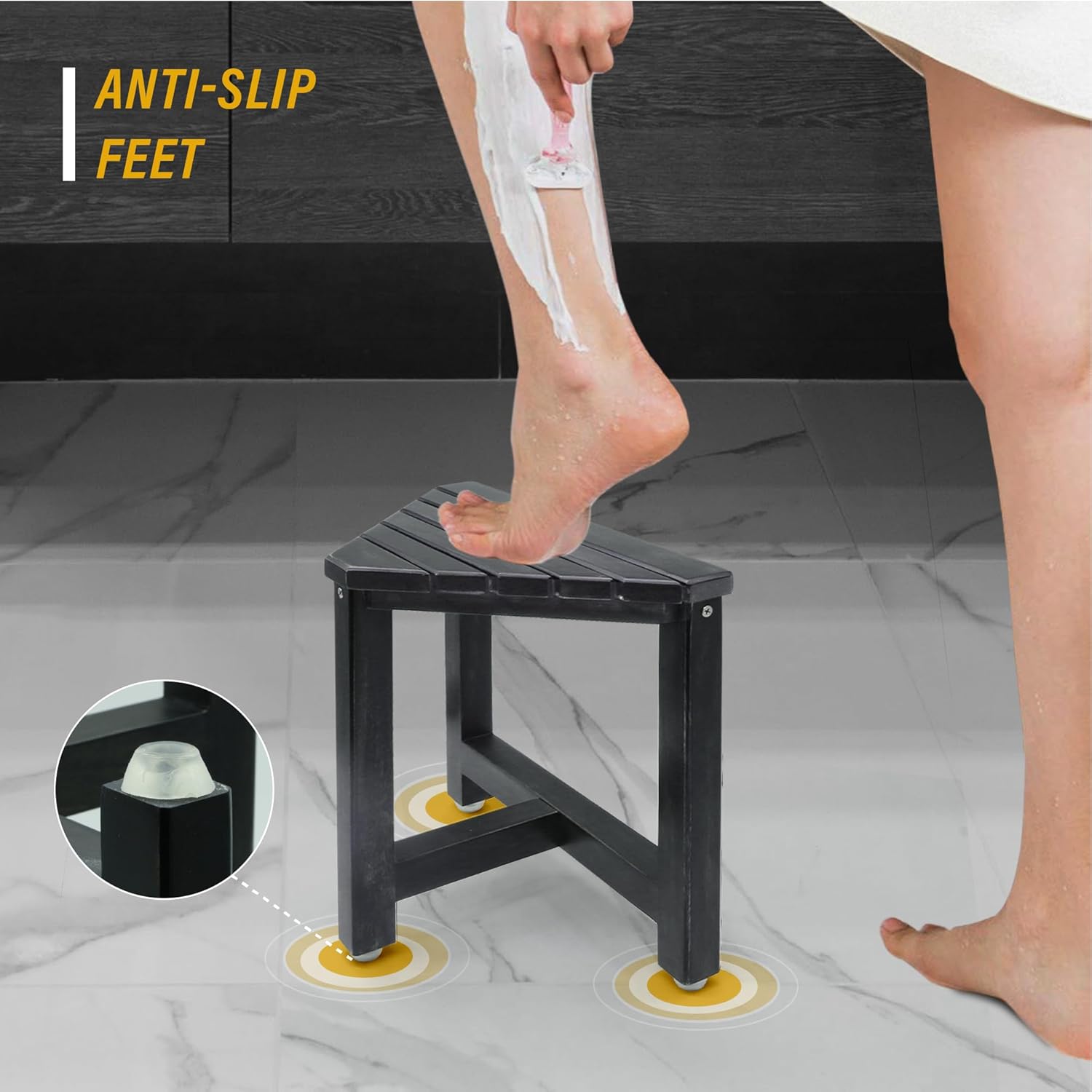 SENSUNIQ Shower Foot Rest for Shaving Legs | Rustic Black Triangle Bathroom Bench, 12 in x 14 in x 13.8 in, Wooden Shower Stool with 2-Tier Storage Shelf, Easy to Assemble