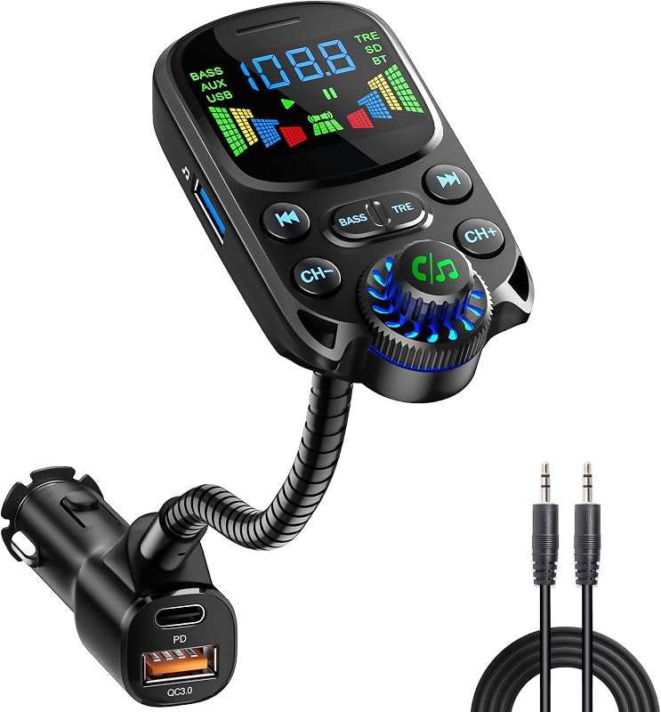 Bluetooth 5.3 FM Transmitter for Car Bluetooth Car Adapter | PD30W & USB Fast Charge, HiFi Treble & Bass Player, 1.6"Display Hands-Free Calling Truck Radio with AUX Input/Output, TF Card