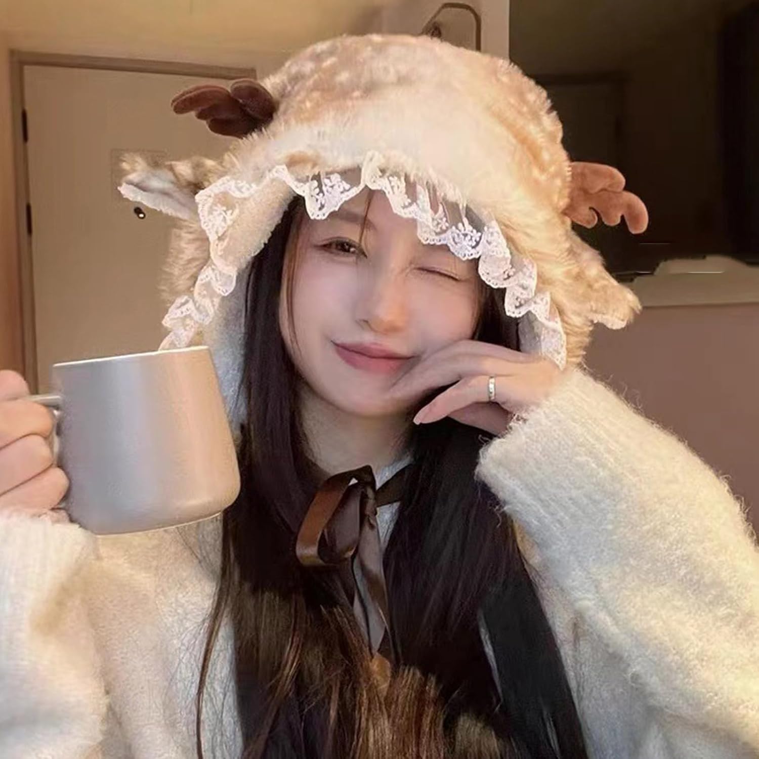 Plush Elk Spotted Ear Trapper Hat Adult Ear Protect Hat Lace Trim Decor Hat Cold for Students Teens