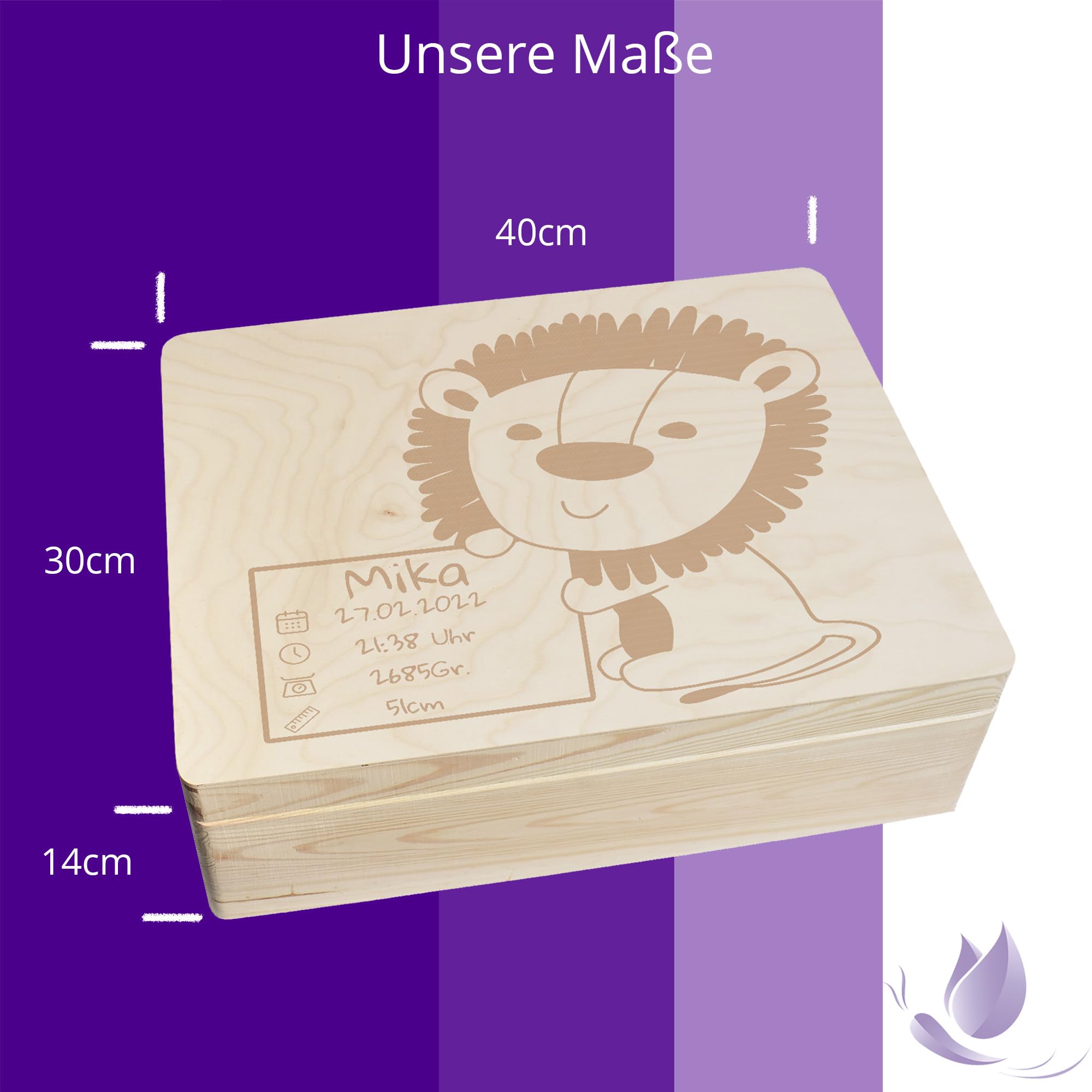 Scatola dei ricordi personalizzata per neonati e bambini con incisione leone, scatola in legno per bei ricordi, 40 x 30 x 14 cm