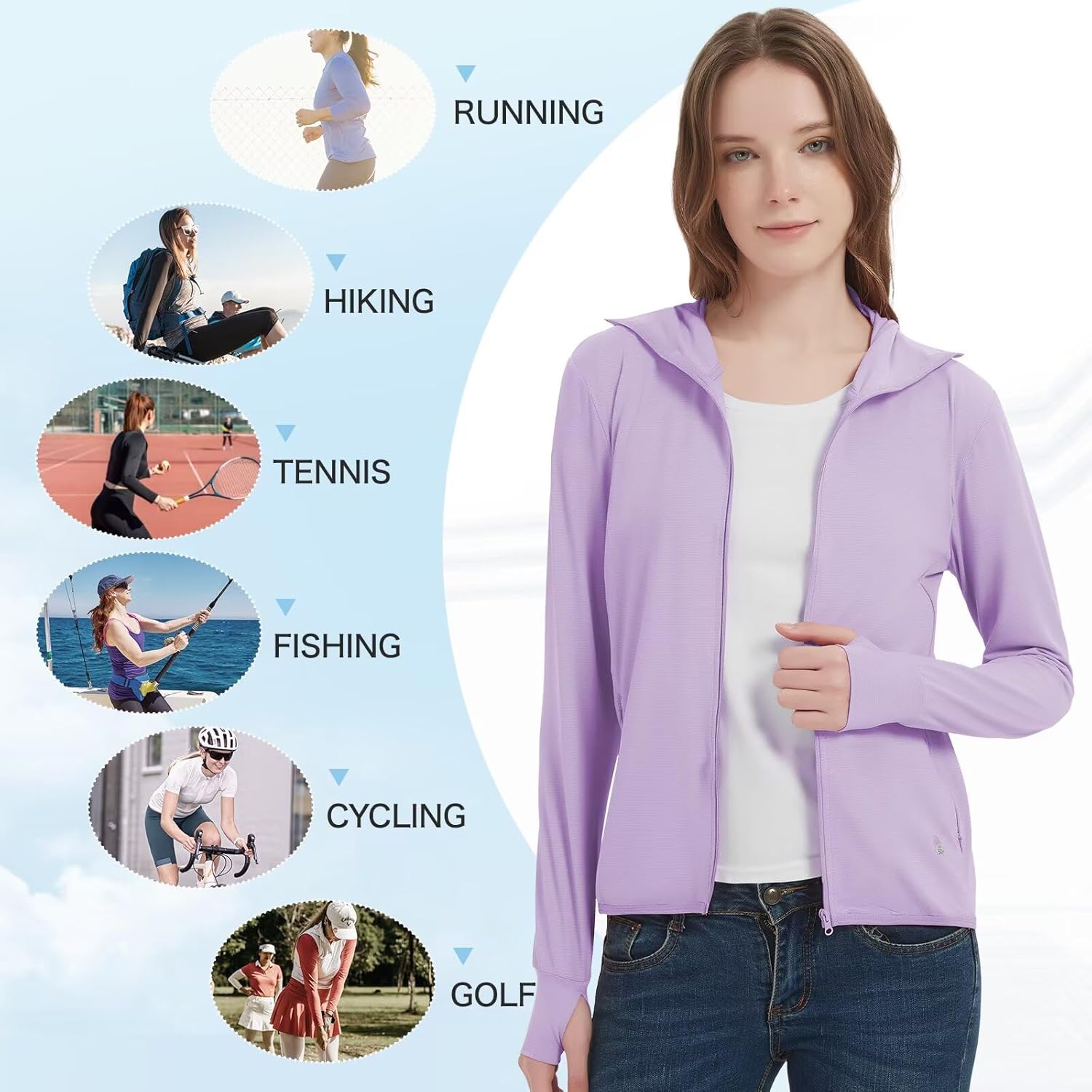 Women's UPF 50+ Sun Protection Jacket Lightweight Cooling Long Sleeve Sun Shirt with Hoodie Brim for Outdoor Hiking