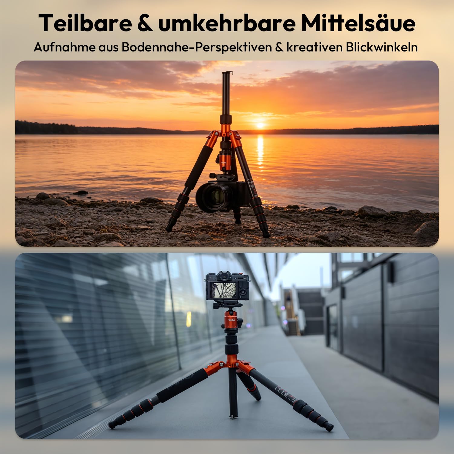 Rollei Compact Traveler No.1 Orange, 145cm Stativ Kamera mit Kugelkopf Leichtes Reisestativ aus Aluminium Fotostativ Kompakt Arca Swiss Kompatibel Kamerastativ & Einbeinstativ für DSLR und Smartphone