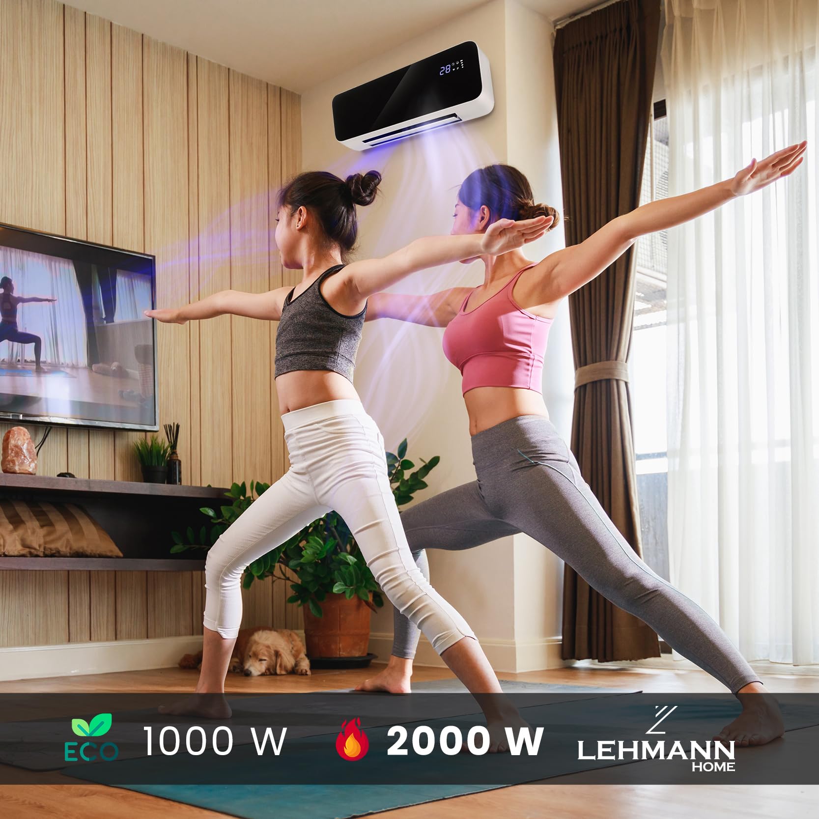 Lehmann LHOHH-2013B Chauffage mural avec 2 niveaux de puissance 1000/2000 W | Wi-Fi, télécommande, affichage LED | Chauffage de salle de bain avec minuterie et oscillation (Noir)