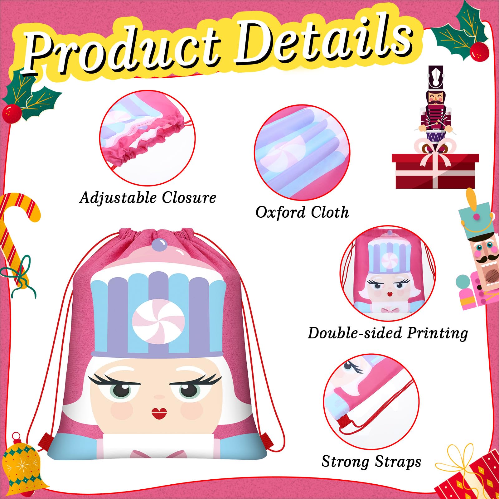 Hillban 12 Pcs Nutcracker Drawstring Backpack Valentine Nutcracker Gift Bags Waterproof Shoulder Bags for Yoga(Cute,Pink)