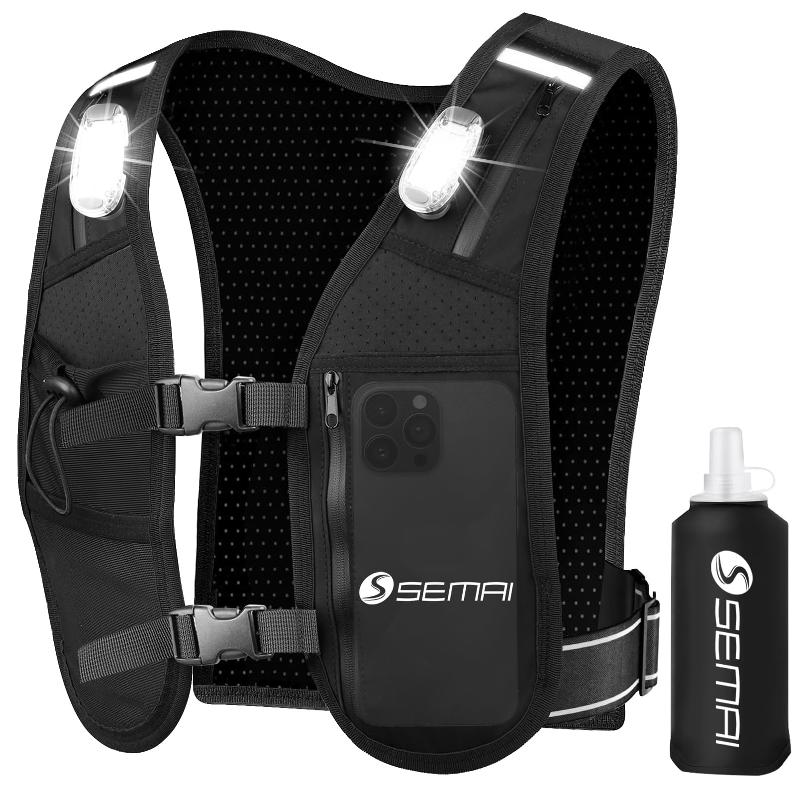 semai LED Running Vest Women & Mens Reflective Vest, Adjustable Chest Straps Running Hydration Vest with 500ml Water Bottle, 6 Pockets With Phone Holder & Storage for Marathon, Night Running, Cycling