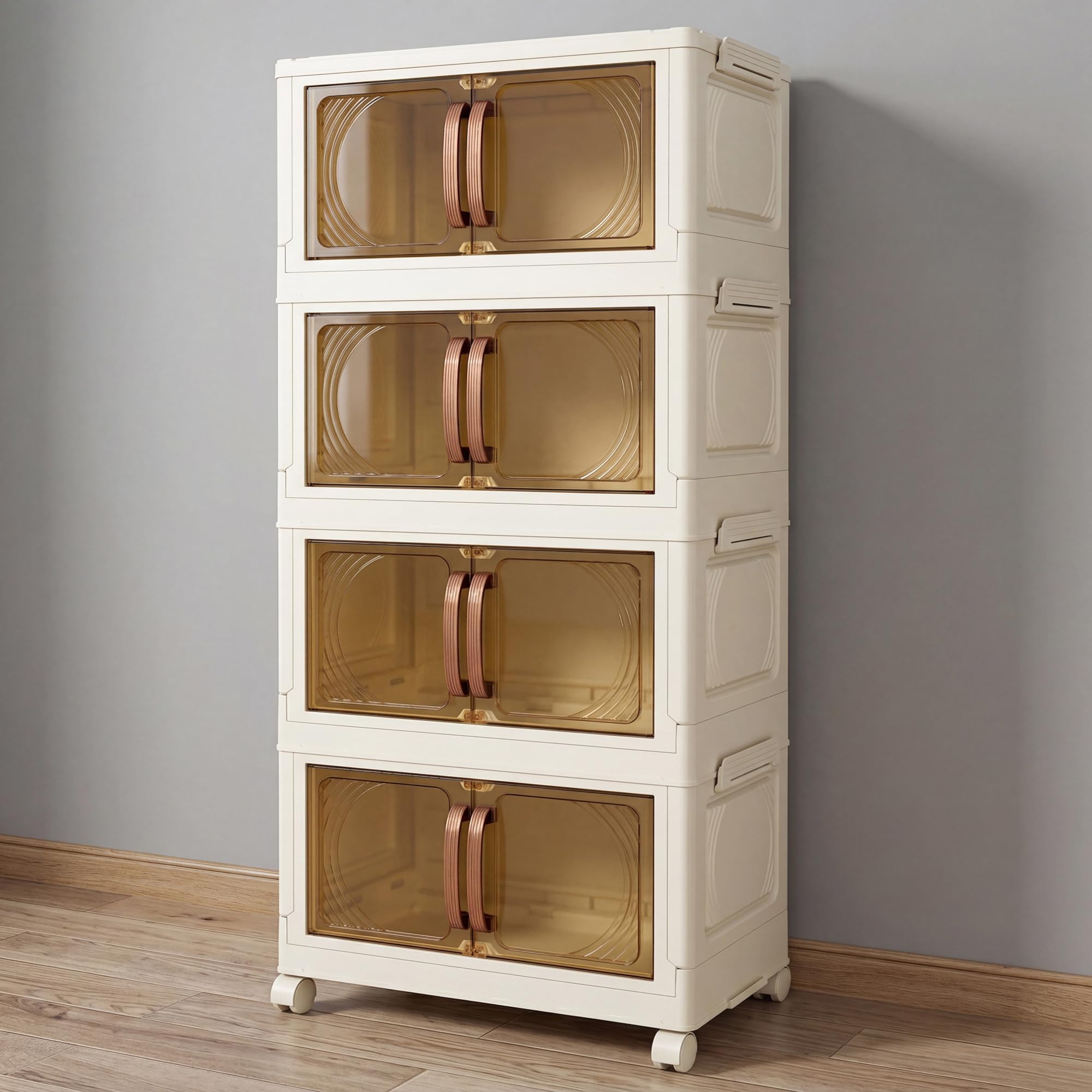 Klass Home Collection Stackable Storage Boxes With Lids, 4-Tier 30L/Tier Plastic Storage Drawers on Wheels 1 Lid, Cabinet Storage Unit With Drawers For Home, Bedroom, Kitchen, Bathroom (4 x 30L/Tier)