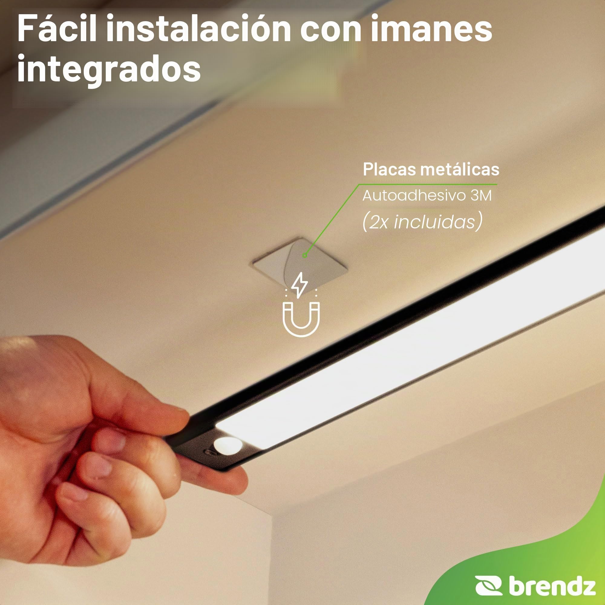 Brendz Luz LED Armario con Sensor de Movimiento, LED Cocina Bajo Mueble, 60cm, Recargables USB-C, 4400mAh, 3 Temperaturas de Color, Regulables, Magnético, Barra Cocina, Puyo Negro