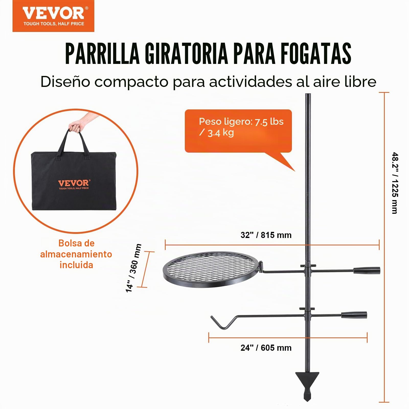 VEVOR Parrilla Giratoria para Fogatas Altura Ajustable 122,5 cm Parrilla Portátil de Acero Malla Diamantada de 36x36 cm Capacidad de Carga de 6kg para Fogatas de Campamento para Barbacoa al Aire Libre