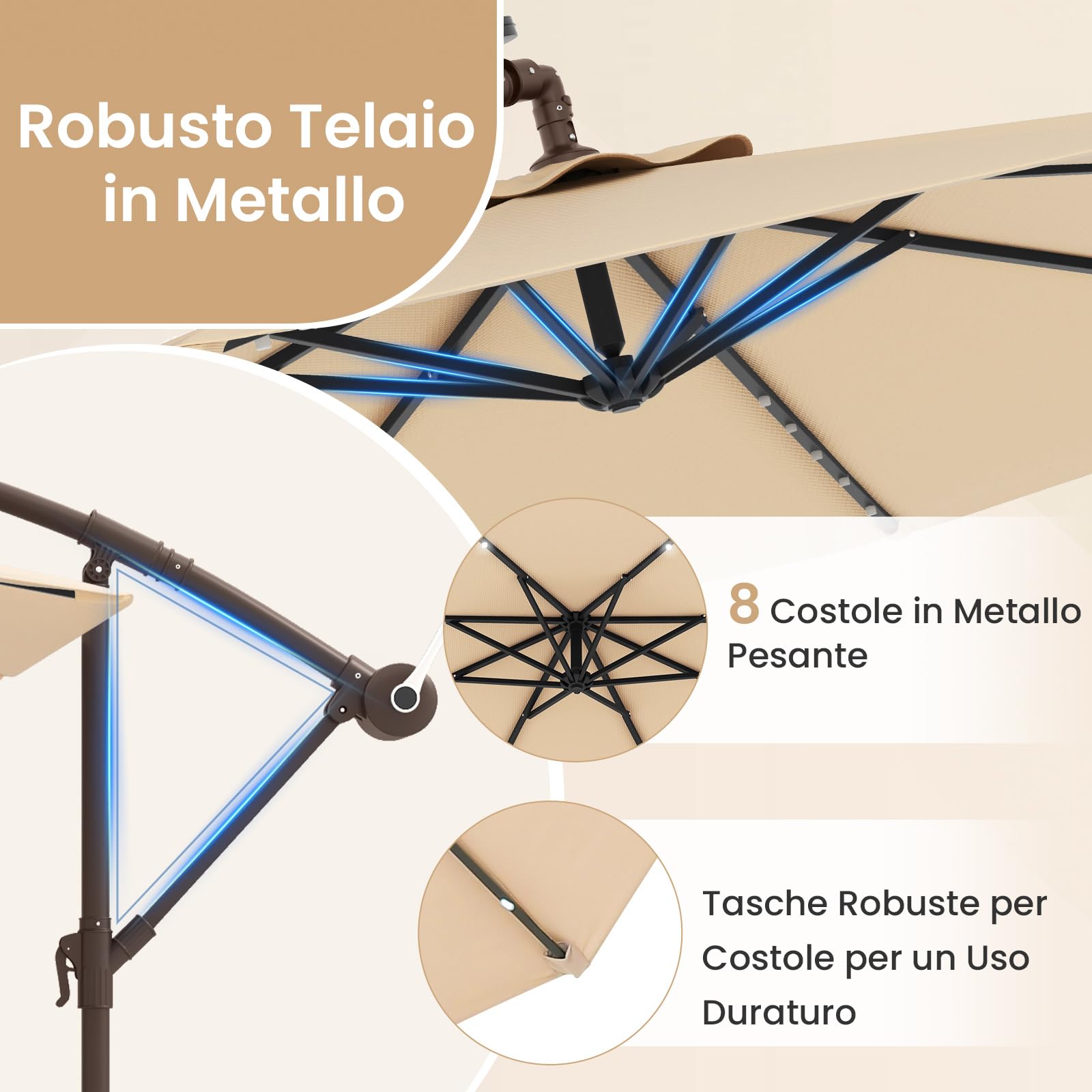 COSTWAY Ombrellone da Giardino 300 cm, Luci LED Solari, Anti-UV, Inclinazione Regolabile, Manovella, Beige
