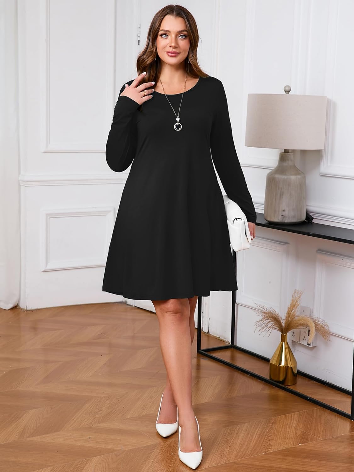 AusLook Women's Plus Midi Dress Long Sleeve Crew Neck A-Line Swing Flowy Vacation Fall Wedding Guest Dresses with Pocket 1-5X - Image 5