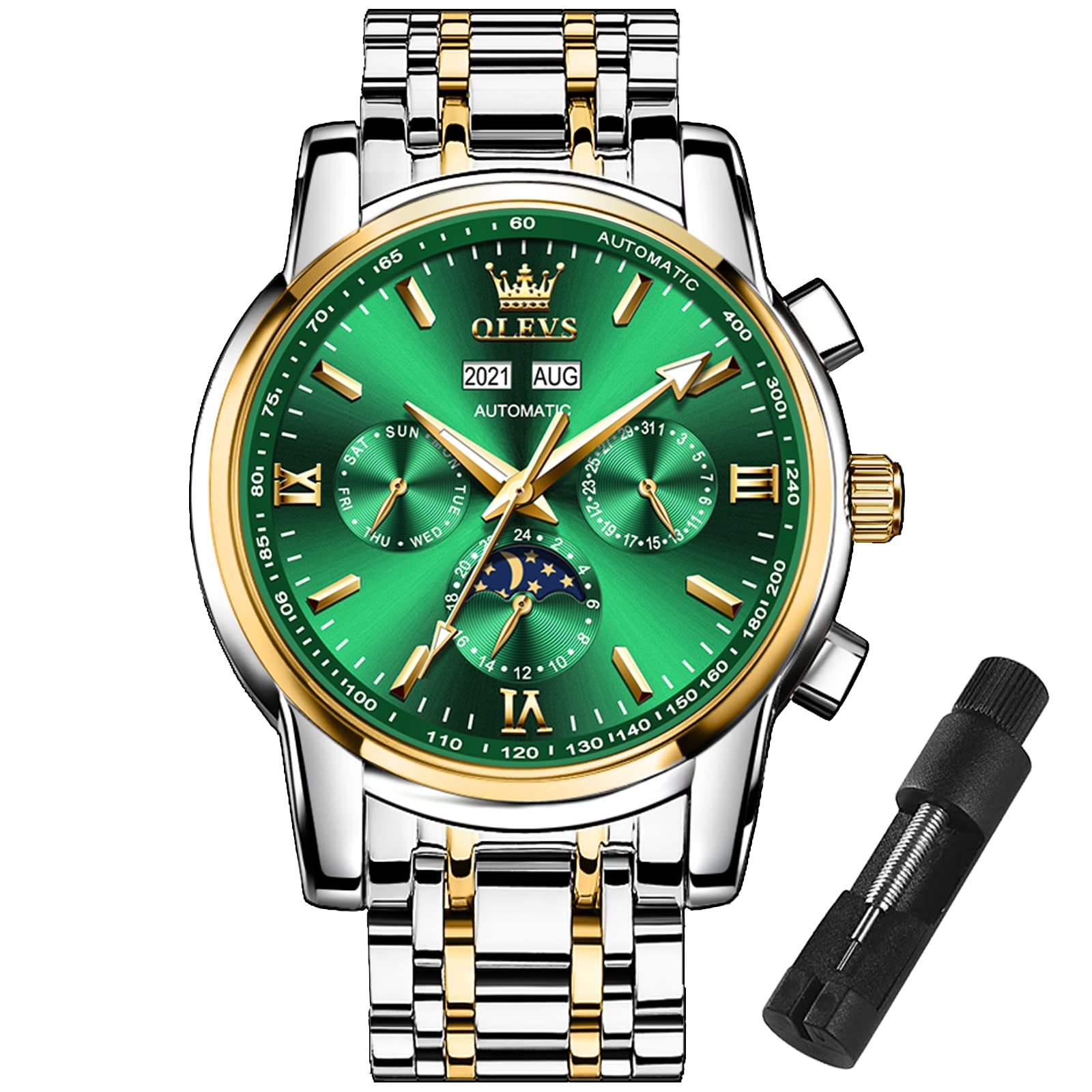 OLEVS Men's Automatic Watch Luxury Green Face Two Tone Gold Stainless Steel Multi-Function Mechanical Wrist Watch, Elegant Business Dress Mens Watches, Unique Gift Anniversary for Husband