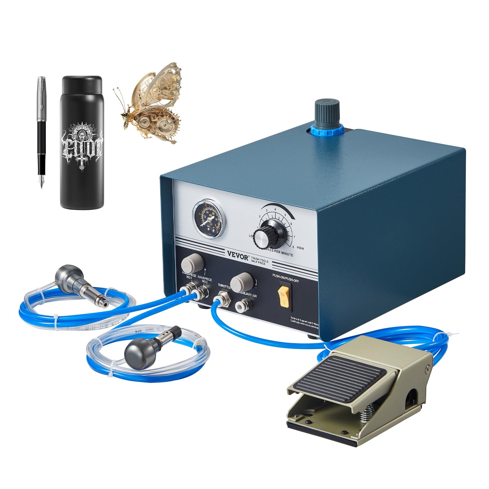 VEVOR 1200-6000 RPM Adjustable, 60W Dual Head Pneumatic Machine, DIY Impact Large Pedal, Stone Setting Tools Engraver for Jewelry & Metal Crafting, Blue (60W)