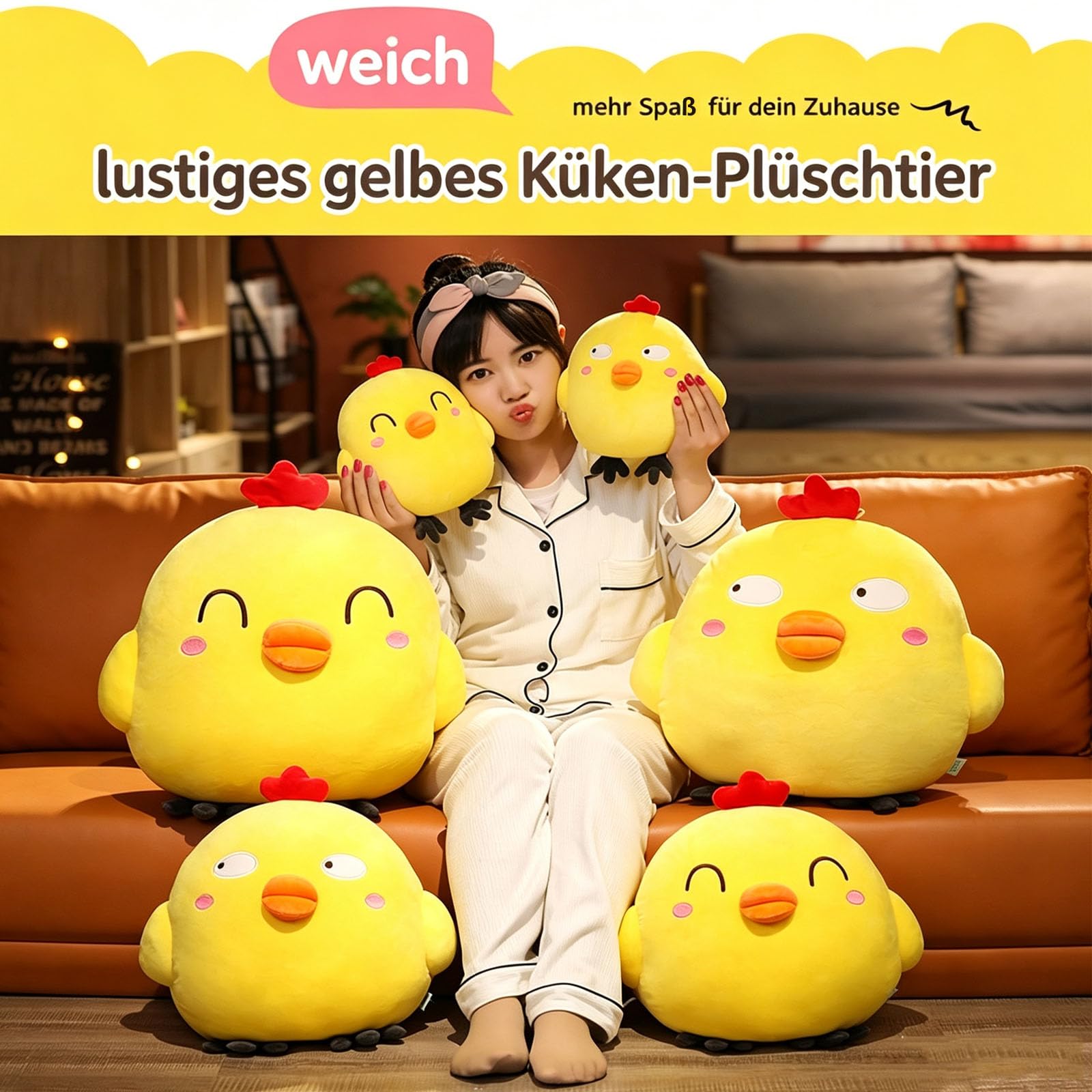 Huhn Kuscheltier, Lustiges Fettes Huhn Plüschkissen, Gelbes Huhn gefülltes Tier Plüsch Spielzeug, Super weiche Simulation Mutter Hen Puppe für Jungen Mädchen Festival Geschenke (45 * 60cm,B)