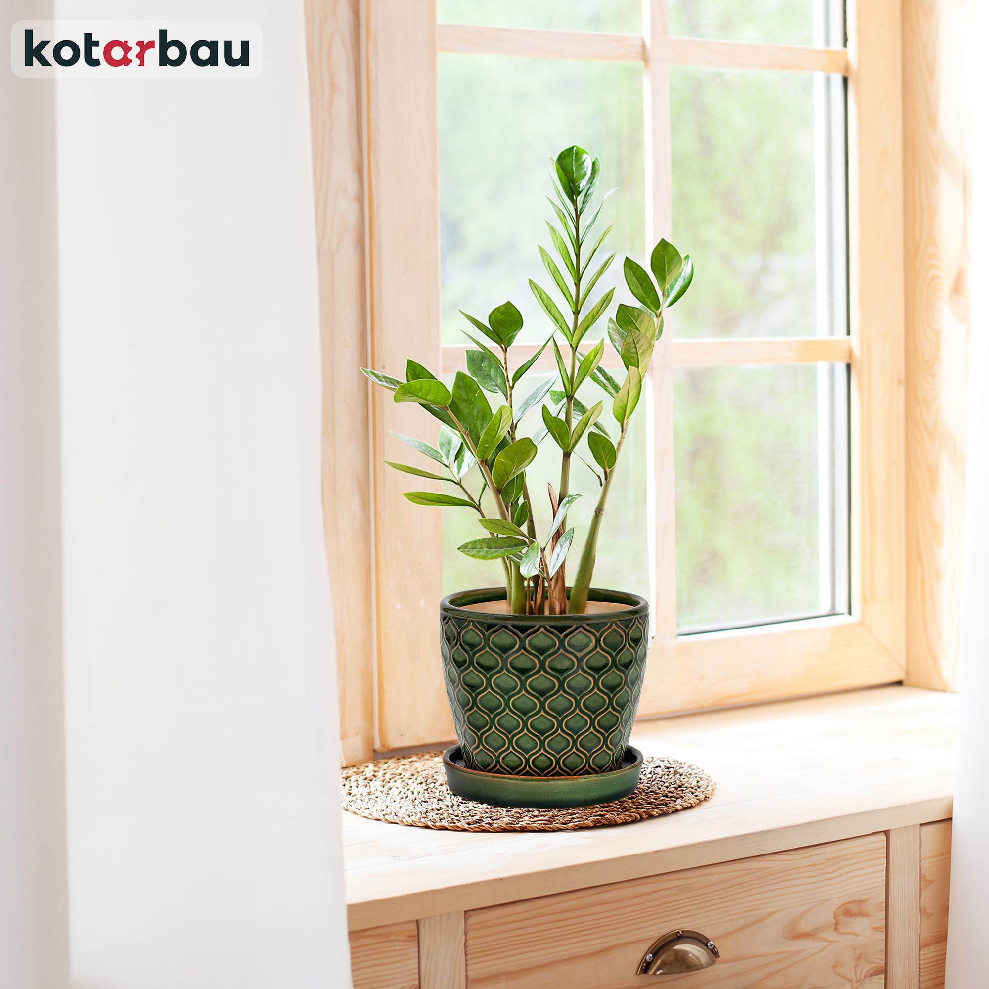 KOTARBAU® - Lot de 2 pots de fleurs en céramique pour plantes, diamètre : 15 cm, vintage, avec bac anti-goutte, motif écailles de poisson, vert