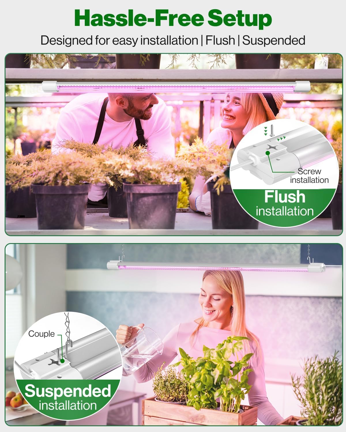 Sunco 3ft Grow Light LED, 30W, Full Spectrum, for Seed Starting, Seedling, Indoor Plants, Plug in Suspended Fixture, Link Up to 5, Inline Switch, UL/ETL 4 Pack.