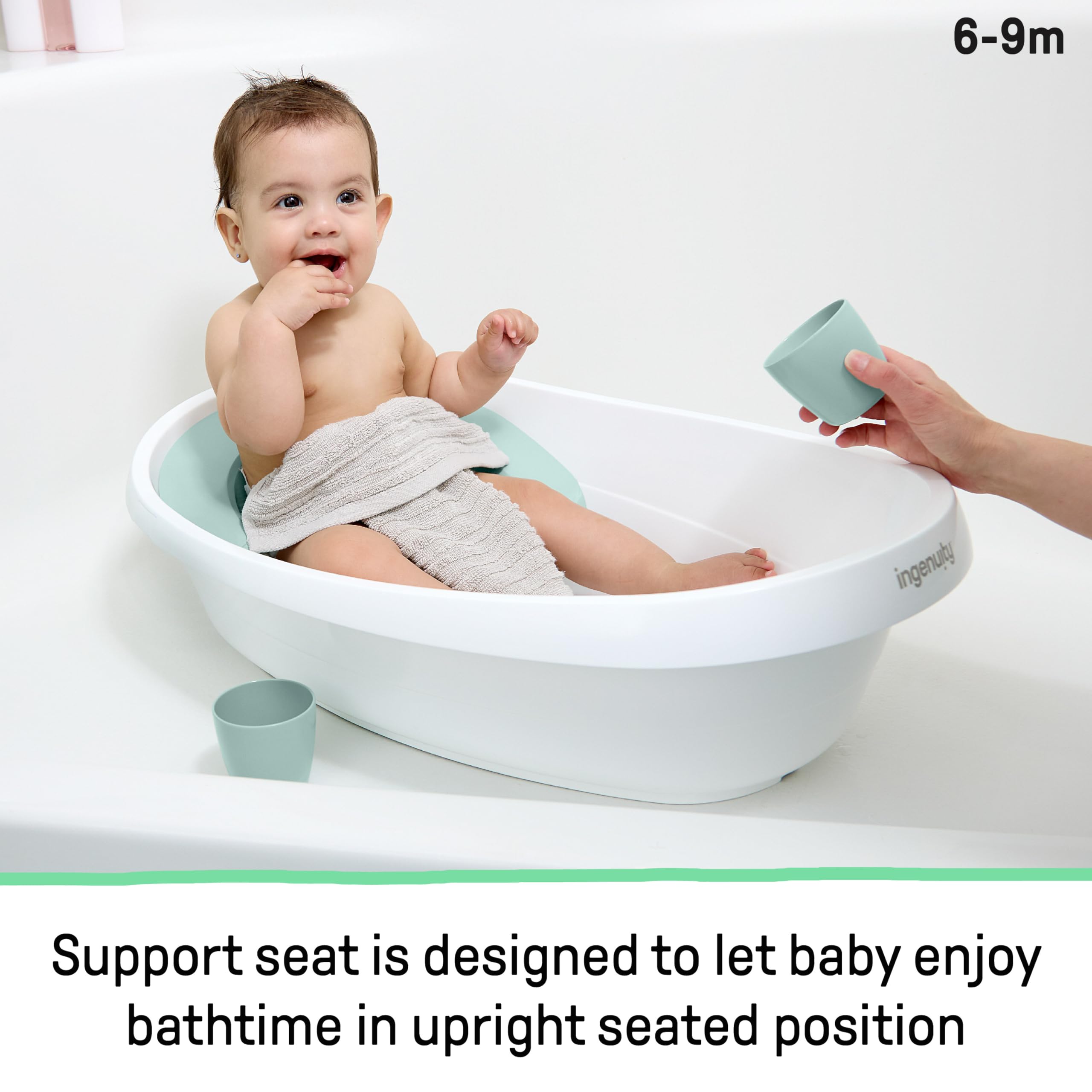 Ingenuity Pokój do namaczania wanny dla niemowląt 4 w 1, od noworodka do malucha, regulowana chusta z pełnym pokryciem, siedzisko podtrzymujące, zawiera 2 kubki do nalewania i płukania, korek spustowy