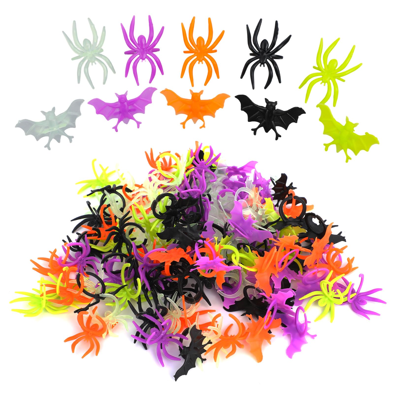 120pcs Halloween Spider Rings & Bat Rings, Plastic Creepy Crawly Spooky Jewelry for Kids Toys Halloween Party Favors Goodie Bags Cupcake Decorations & Costume Accessories