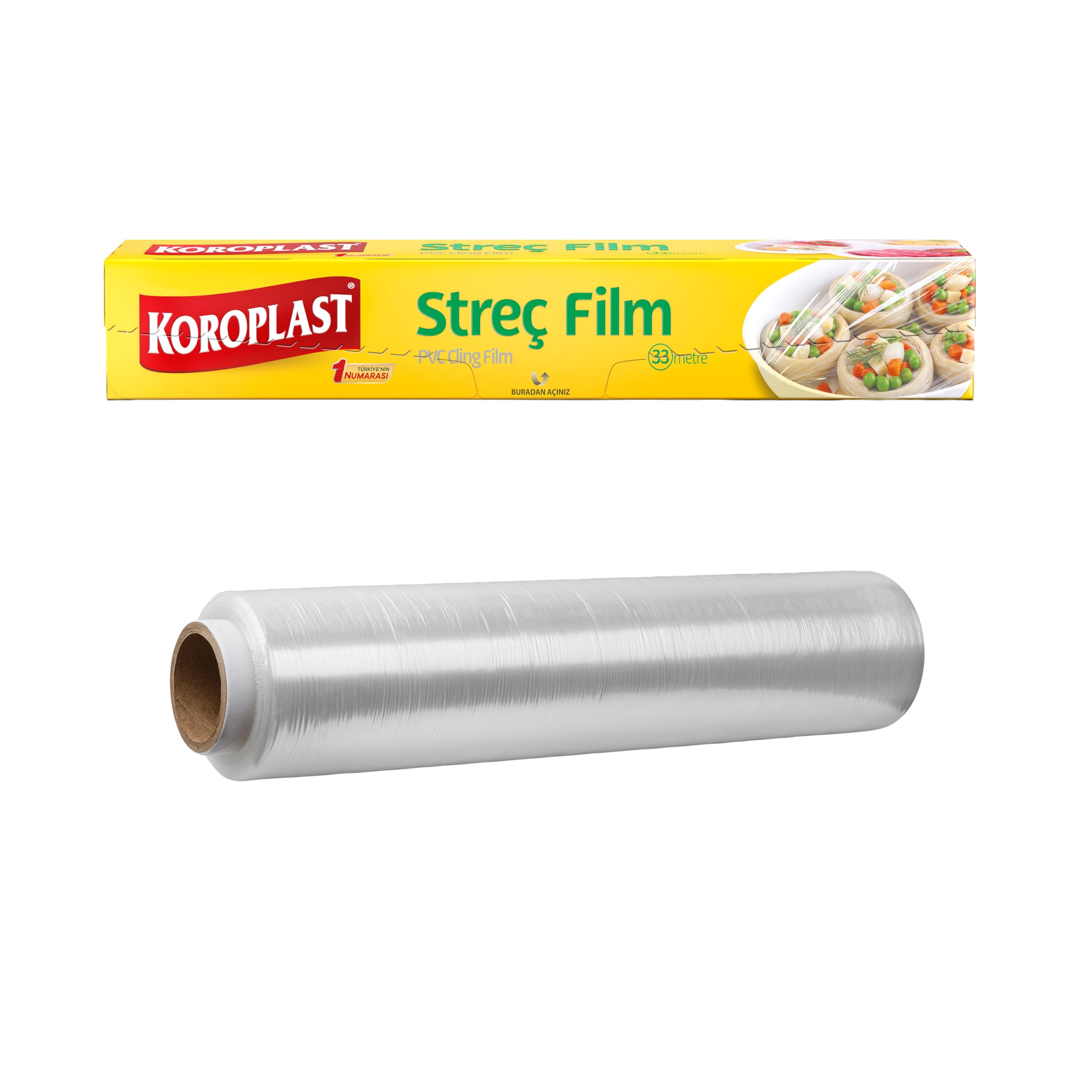 Koroplast Streç Film 33 metre, Şeffaf Gıda Saklama Streci BPA İçermez, Koku Hapsi, Kapak Görevi Gören Pratik Kullanım, Taze Kahvaltılık, Yemek, Meyve ve Sebze Saklama için Kullan At Streç Film 33 mt